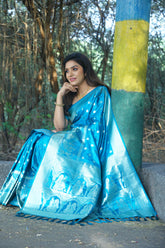 Beautiful Kanjivaram Soft Satin Sky Blue Silk Saree
